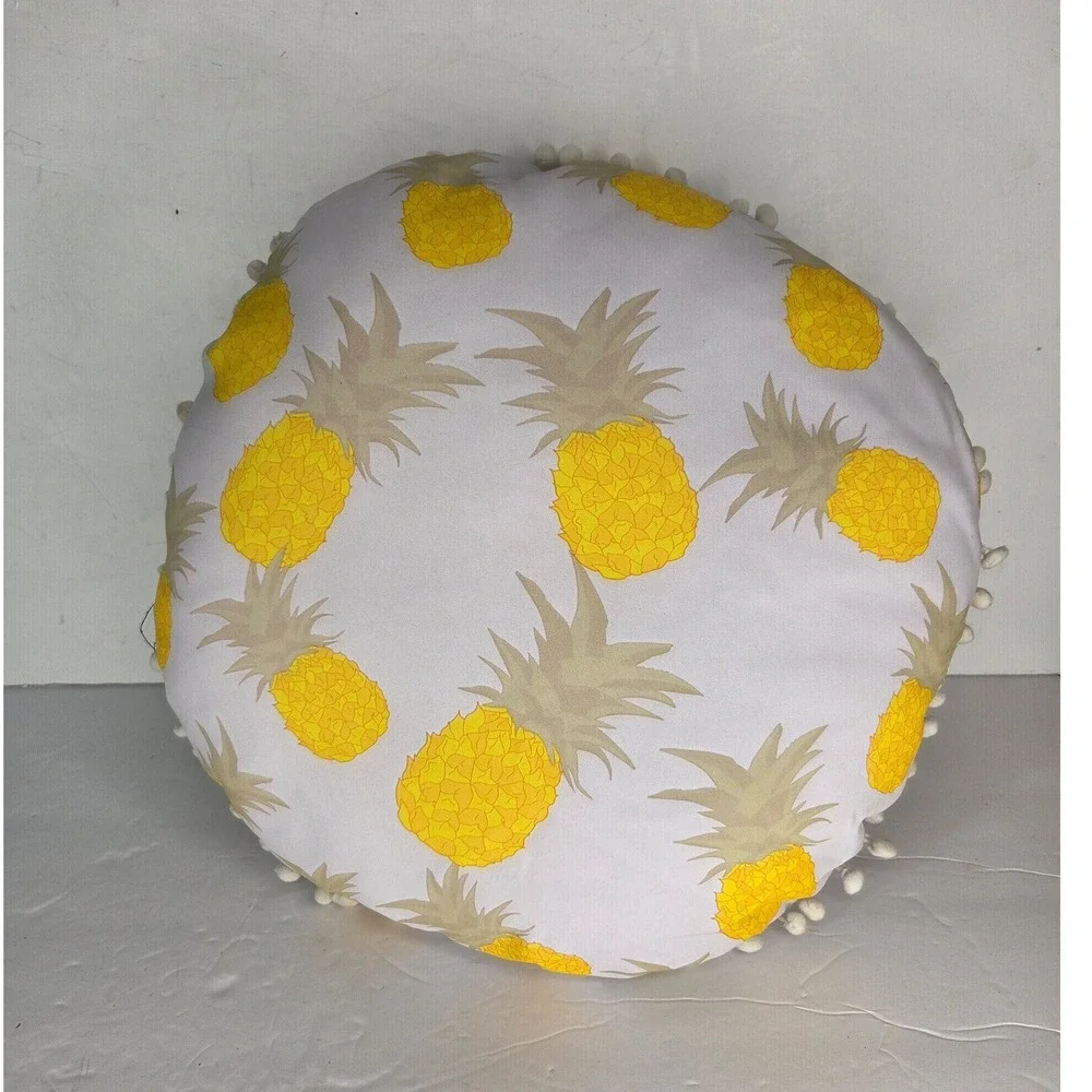 Round Pineapple Print Throw Pillow Pom Pom Trim Tropical Beach Summer Decor