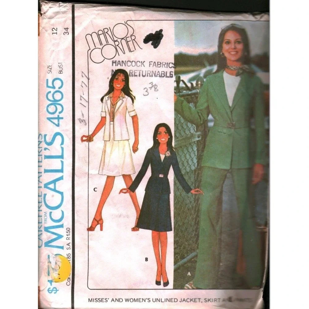 Vintage 1976‎ McCalls 4965 Sewing Pattern Womens Jacket Skirt Pants Size 12 CUT