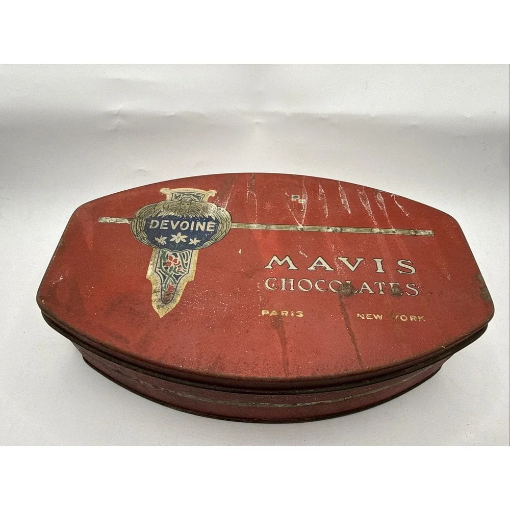 Antique Devoine Mavis Chocolates Tin Paris New York Oval Red Advertising Box