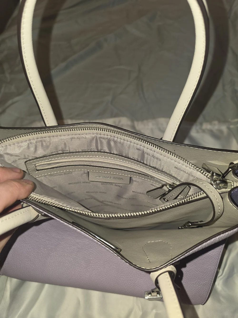 Michael Kors Mercer Large Lavender and Purple Leather Satchel with Cream Handles