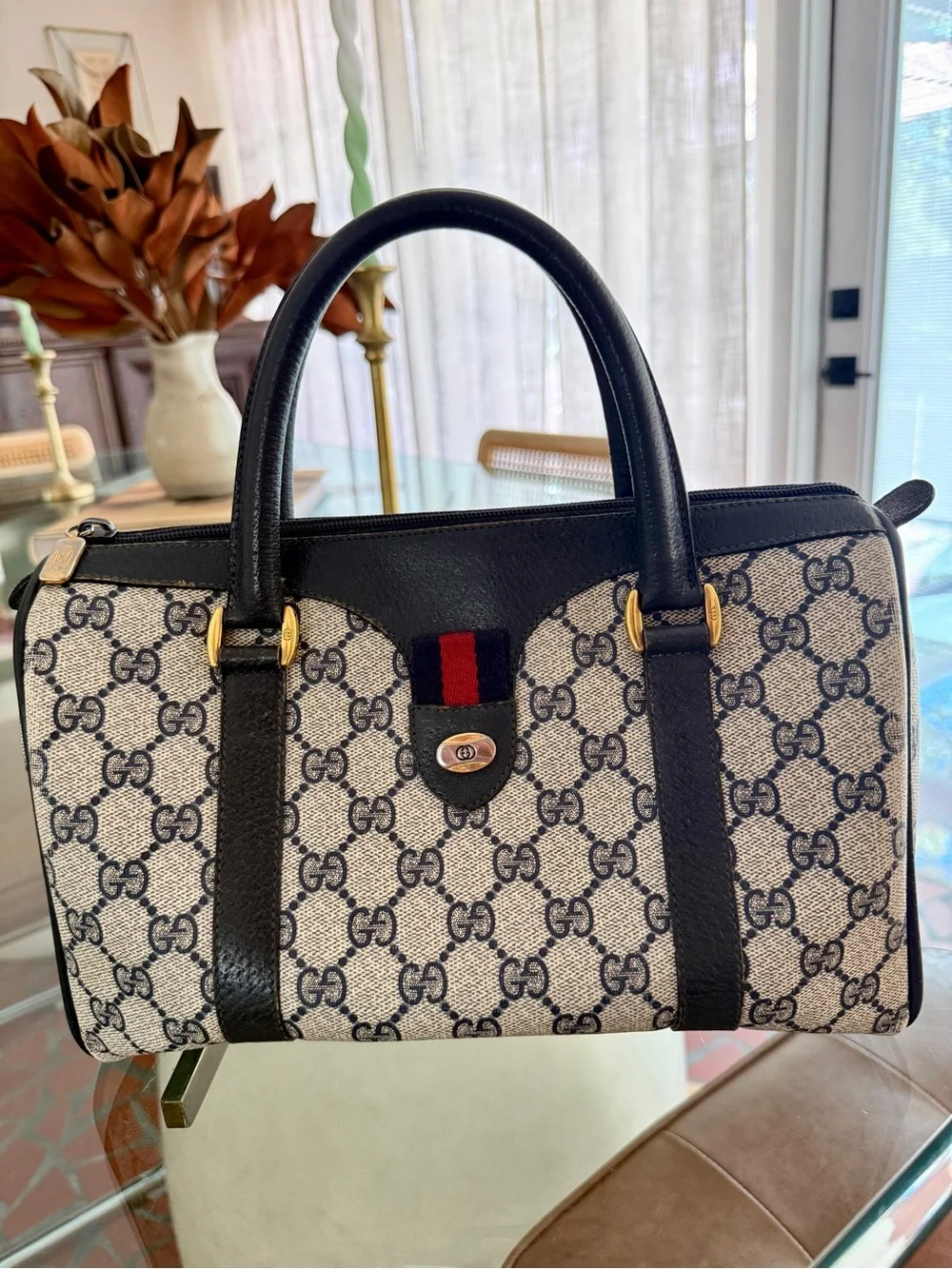 Vintage Gucci GG Accessory Collection Boston Blue Canvas Bag