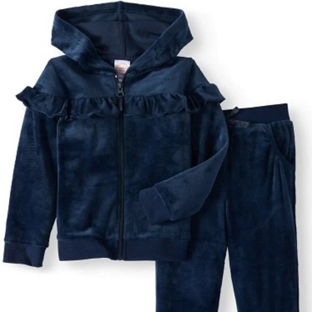Toddler Girls' Ruffle Velour 2 piece Dark Blue Hoodie set Size 2T NEW!