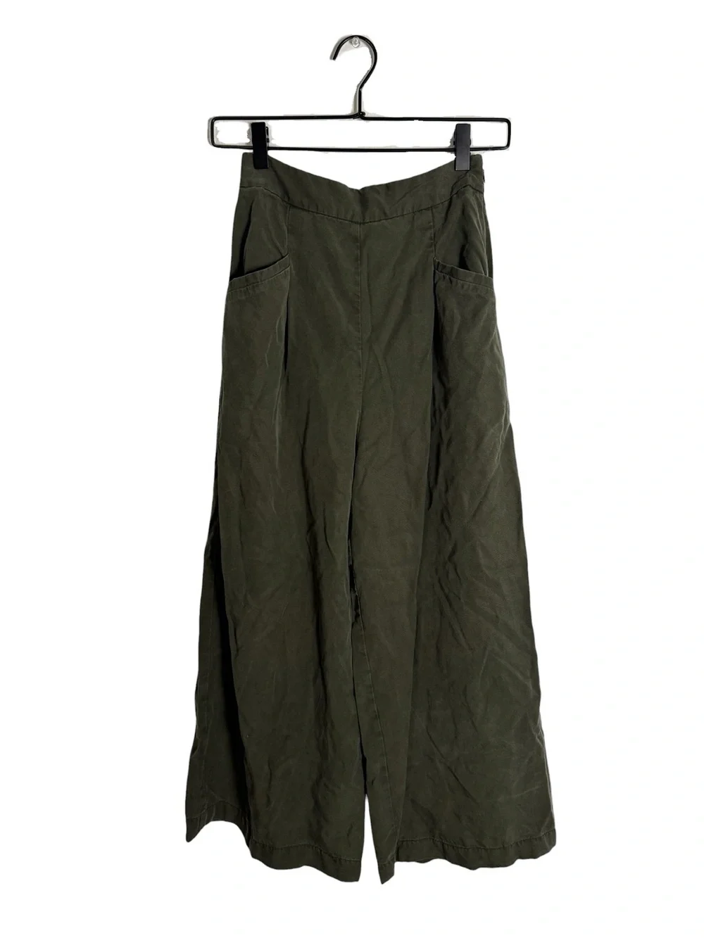 Zara High Rise Wide Leg Olive Green Pleated Utility Crop Culotte Pants
