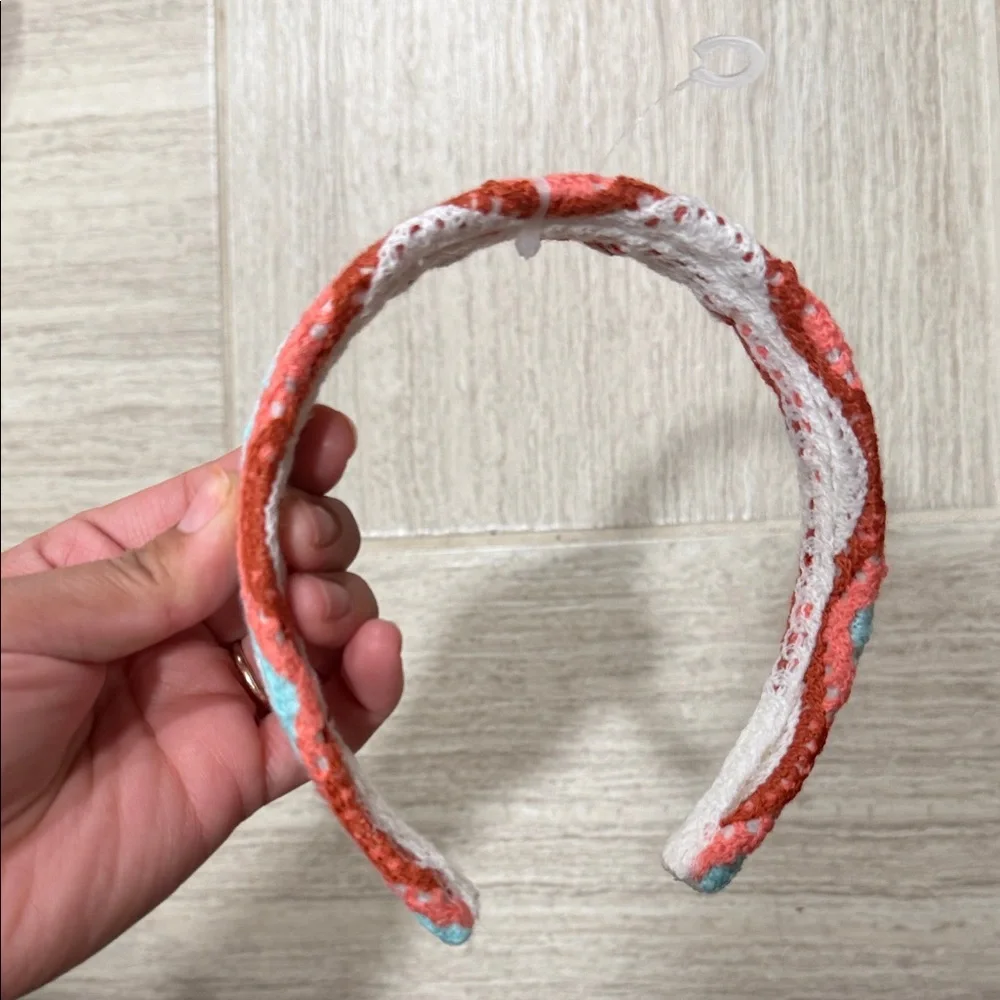 Coral and White NEW Woven Headband with Aqua Accents