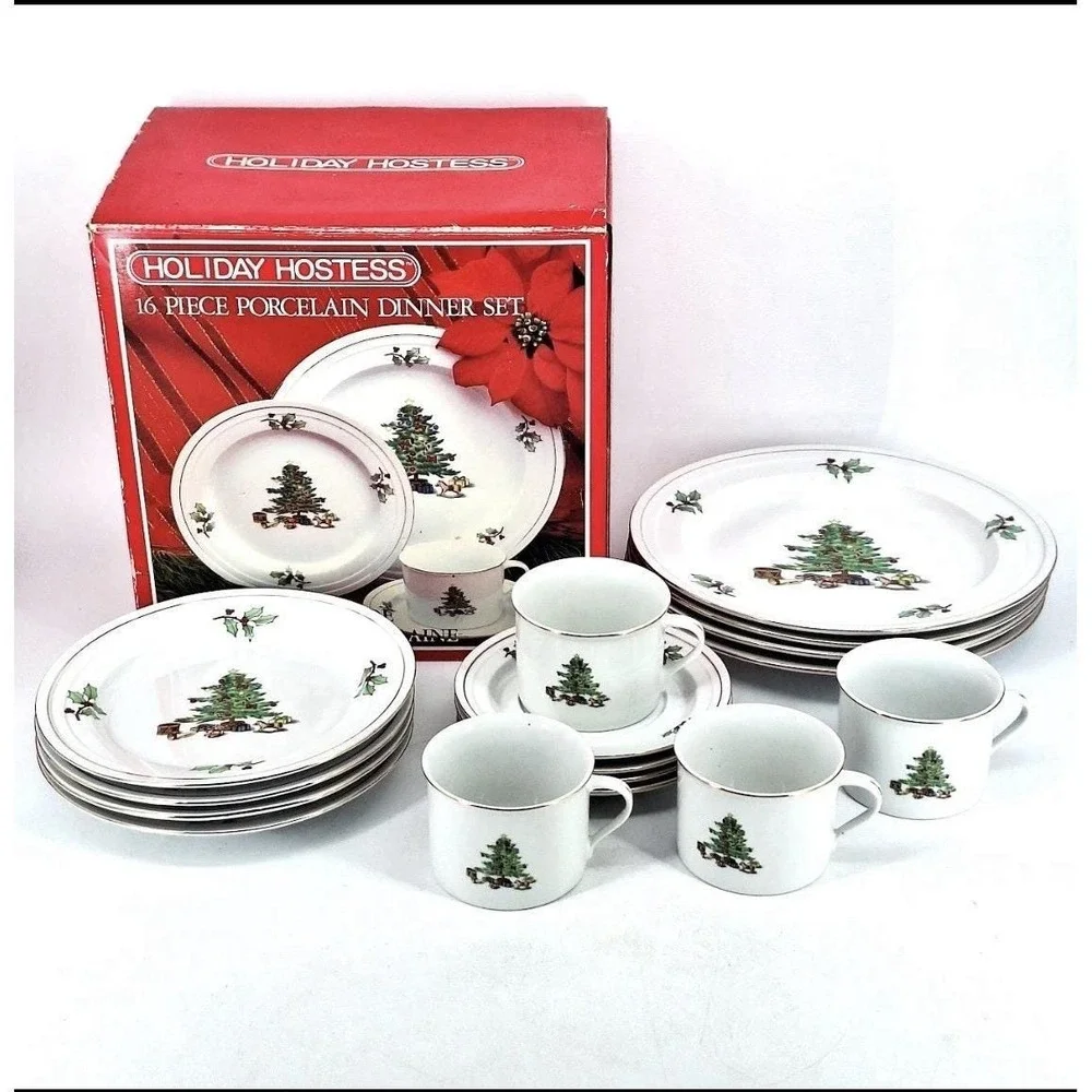 Holiday Hostess Tienshan VTG 16 Piece Porcelain Dinner Set Christmas Dinnerware‎