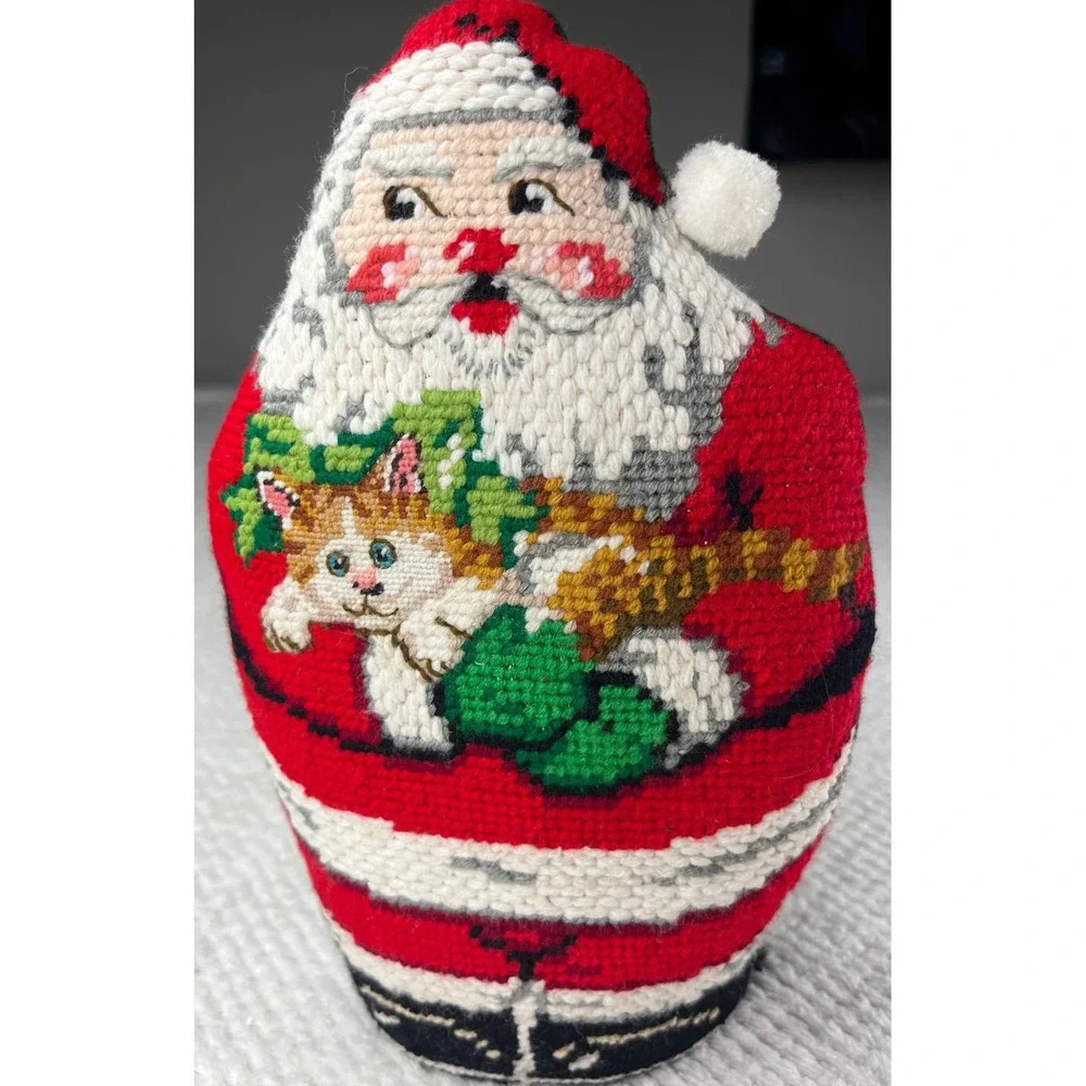 Handmade Needlepoint Santa Claus Holding Cat Christmas‎ Ornament Figurine