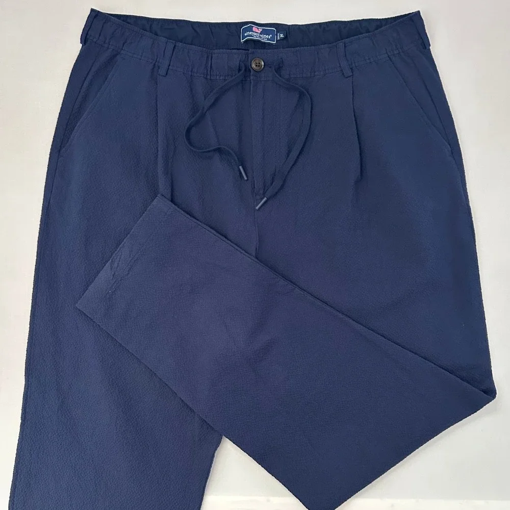 Vineyard Vines Pants Mens XL Navy Blue Seersucker Pleated Elastic Waist Tapered