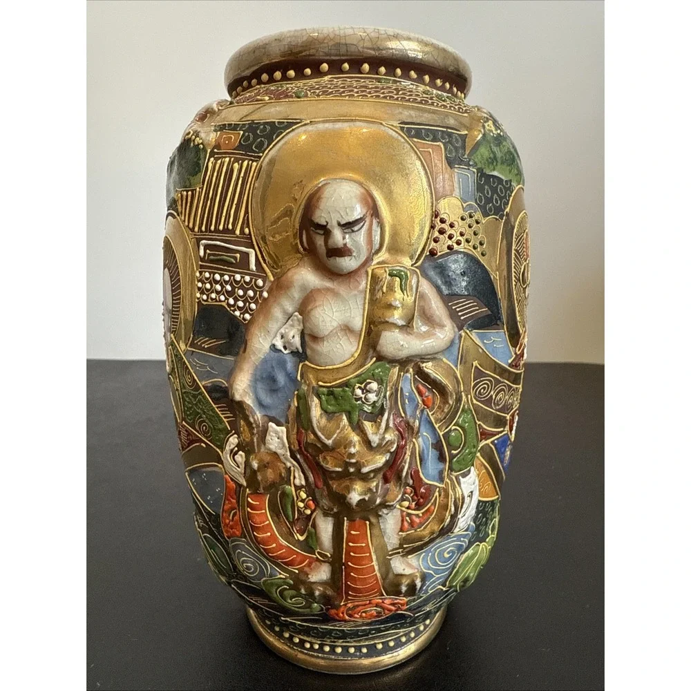 Antique Japanese Intricate Raised Enamel Moriage Satsuma Vase 6 Immortals Dragon