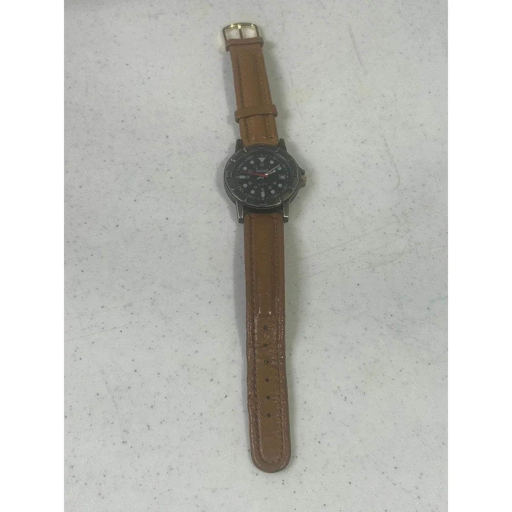 Enchanter Field Watch Black Dial Japan Quartz Tan Leather‎ Strap Compass Bezel