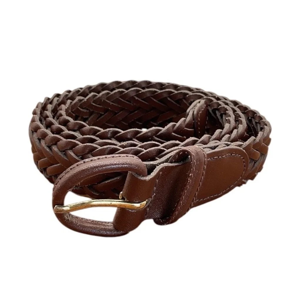 Womens Brown Braided Genuine Leather Belt Gold Buckle‎ Size 38 Woven Adjustable