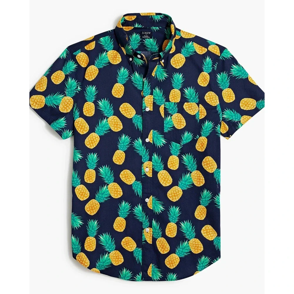 J.Crew Slim Flex Pineapple Print Short Sleeve Shirt Navy Men's‎ M Casual Summer