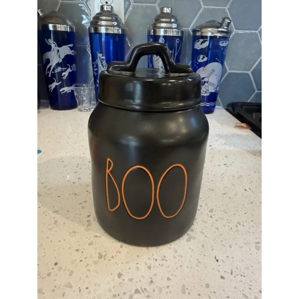 Rae Dunn Artisan Collection Small Black Orange Boo Canister Halloween Decor  NWT