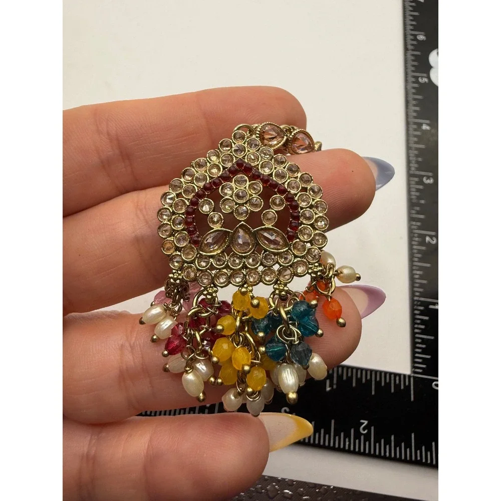 Gold Tone‎ Maang Tikka Indian Headpiece Rhinestone Multi Color Bead Faux Pearl