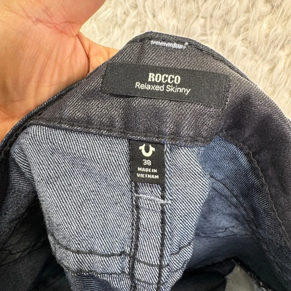 True Religion Rocco Relaxed Skinny Jeans 38X30 Dark Blue Wax Coated Streetwear‎