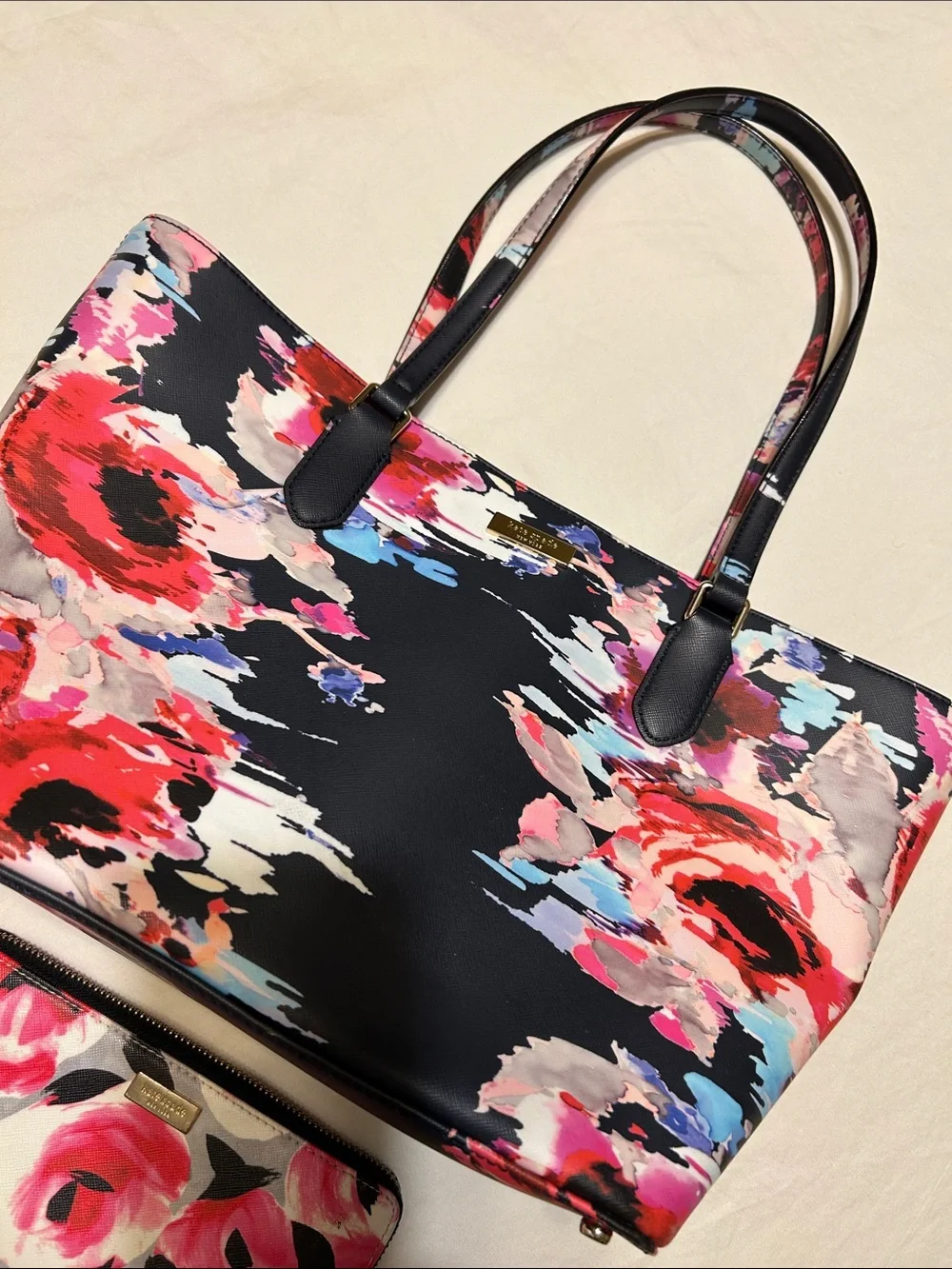 kate spade Black Floral Tote with Matching Wallet - Pink & Red Floral