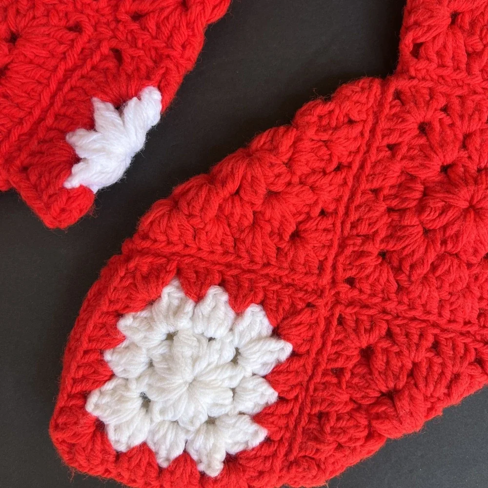 VTG Crochet Christmas Stockings Pair Red White Granny Squares Handmade 21