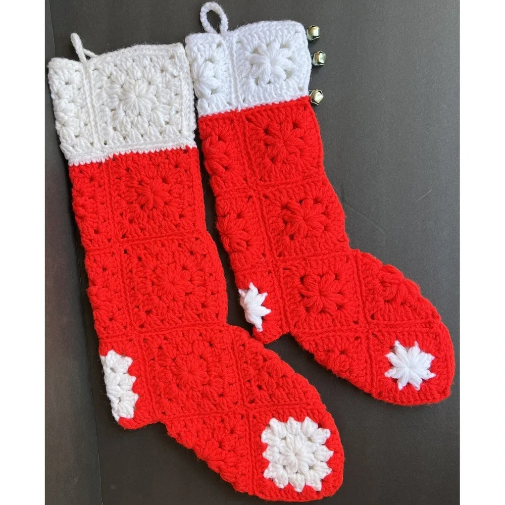 VTG Crochet Christmas Stockings Pair Red White Granny Squares Handmade 21