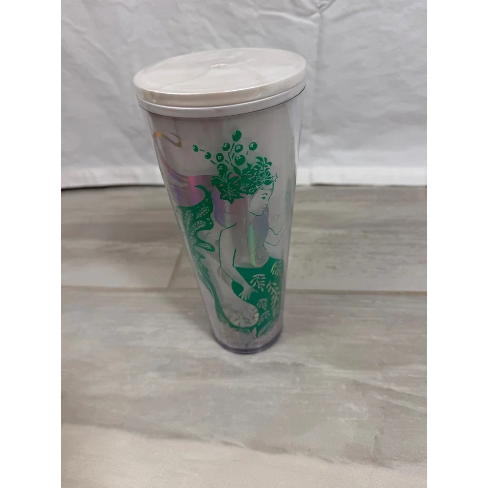 Starbucks Siren Mermaid Iridescent Green White Cold Cup Tumbler 24oz Venti