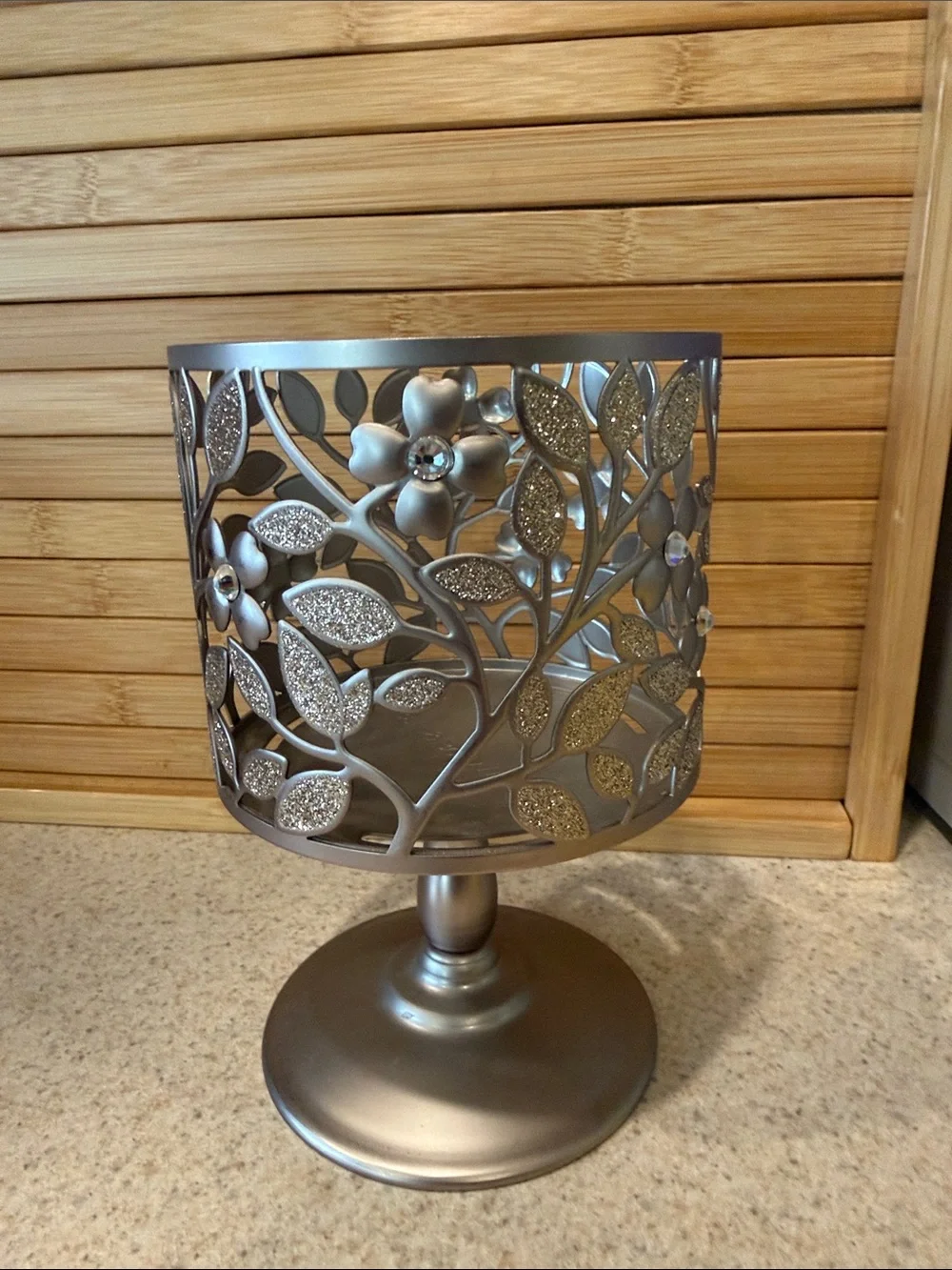 Bath & Body Works Metal Floral Candle Holder - light golden with silver accents
