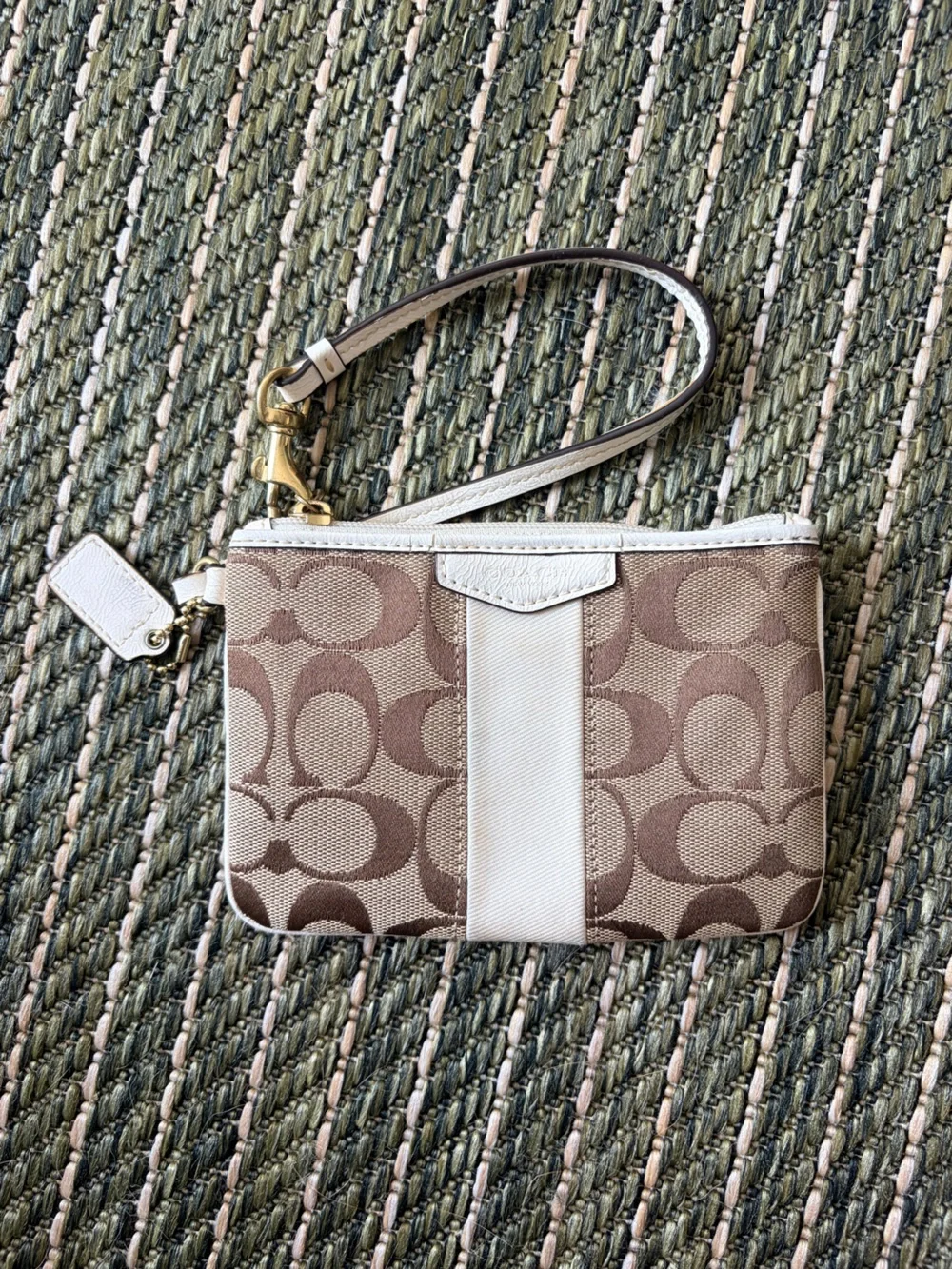Coach Brown and Cream Signature Canvas Wristlet with Gold Hardware