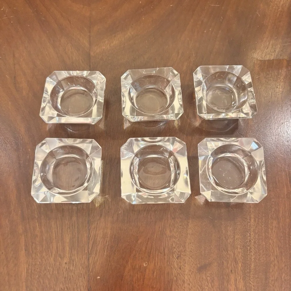 Vintage MCM Clear Glass Salt Cellars Set of 6 Square Faceted Individual Dips