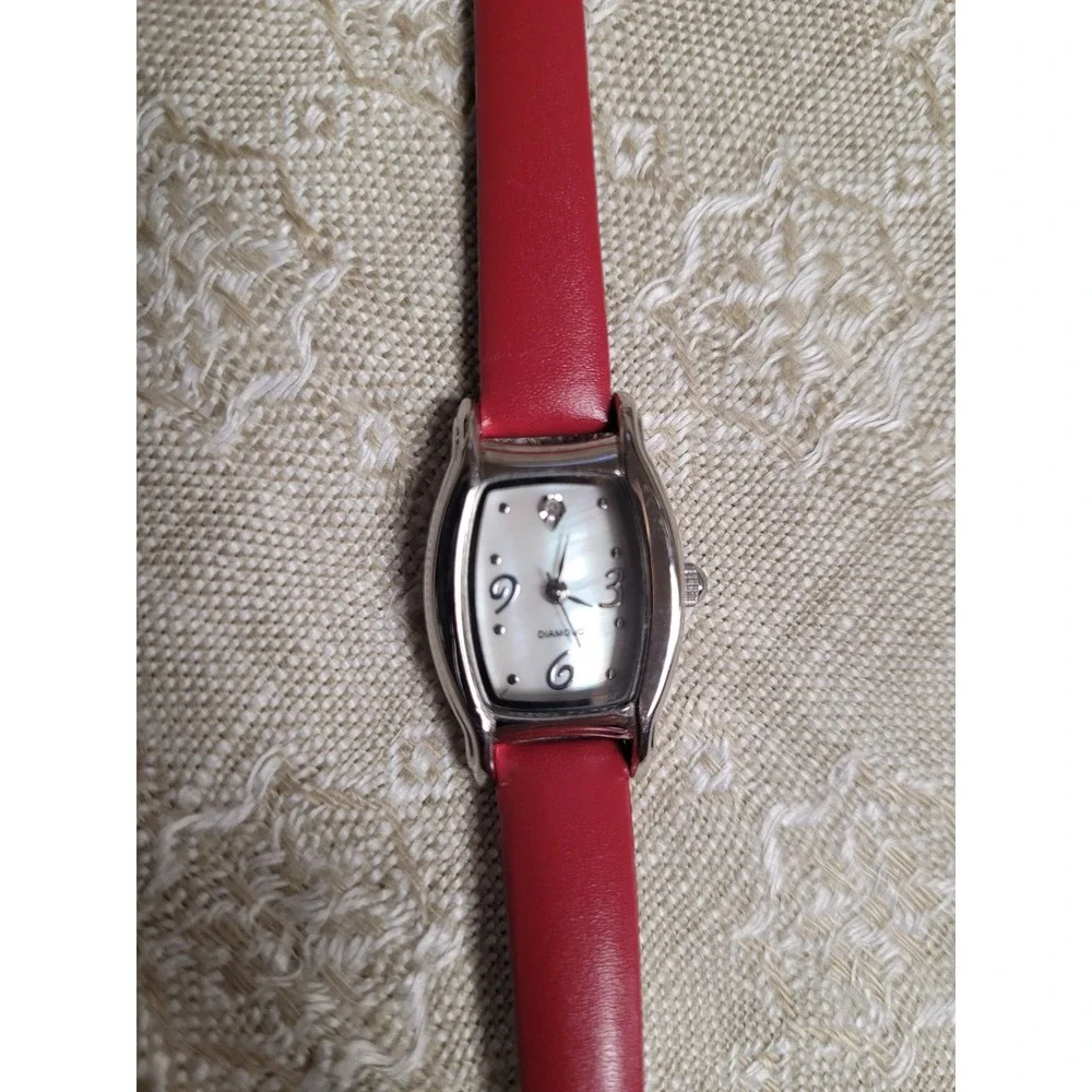 Diamond‎ Accent Mother of Pearl Watch Red Leather Band Japan Movt NEW