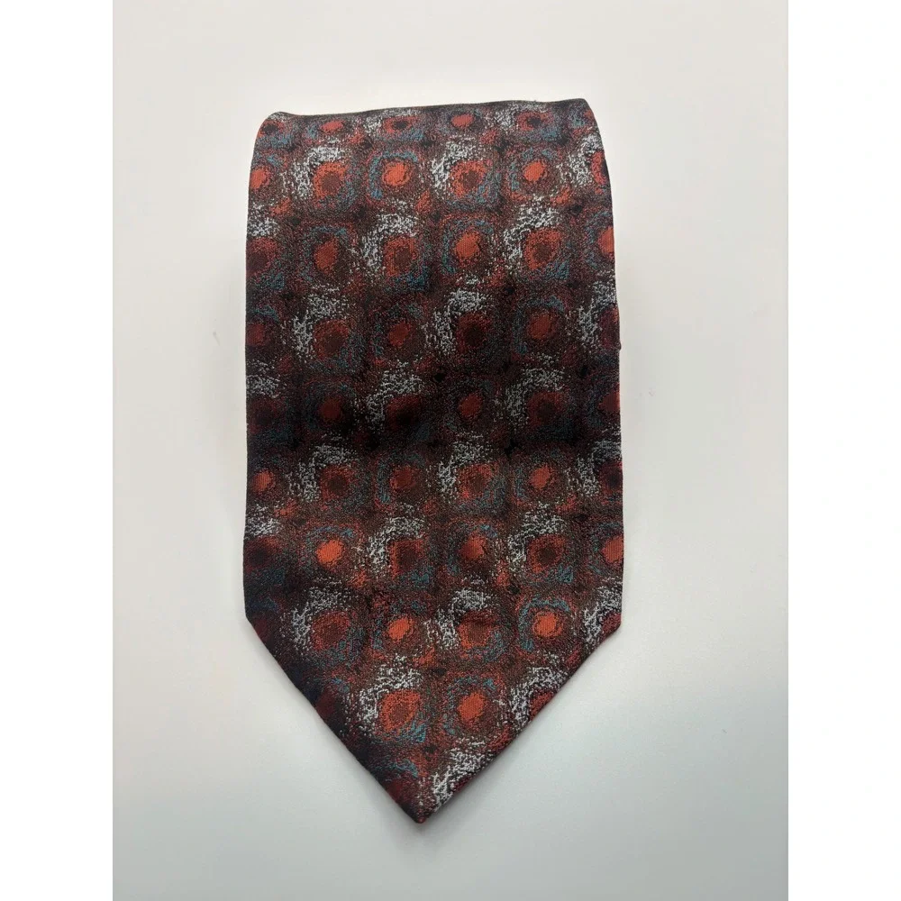 Jhane Barnes Mens Silk Necktie Rust Orange Blue Abstract Geometric Pattern Tie