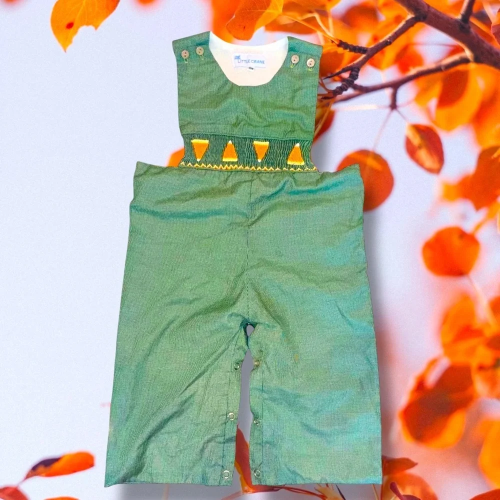 NEW Little Crane 18M Smocked CandyCorn Lined Romper Green Gingham Check
