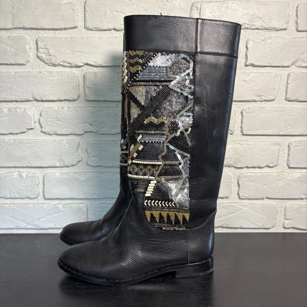 Ivy Kirzhner Black Leather Knee High Boots Beaded Sequin Embellished Boho 6.5