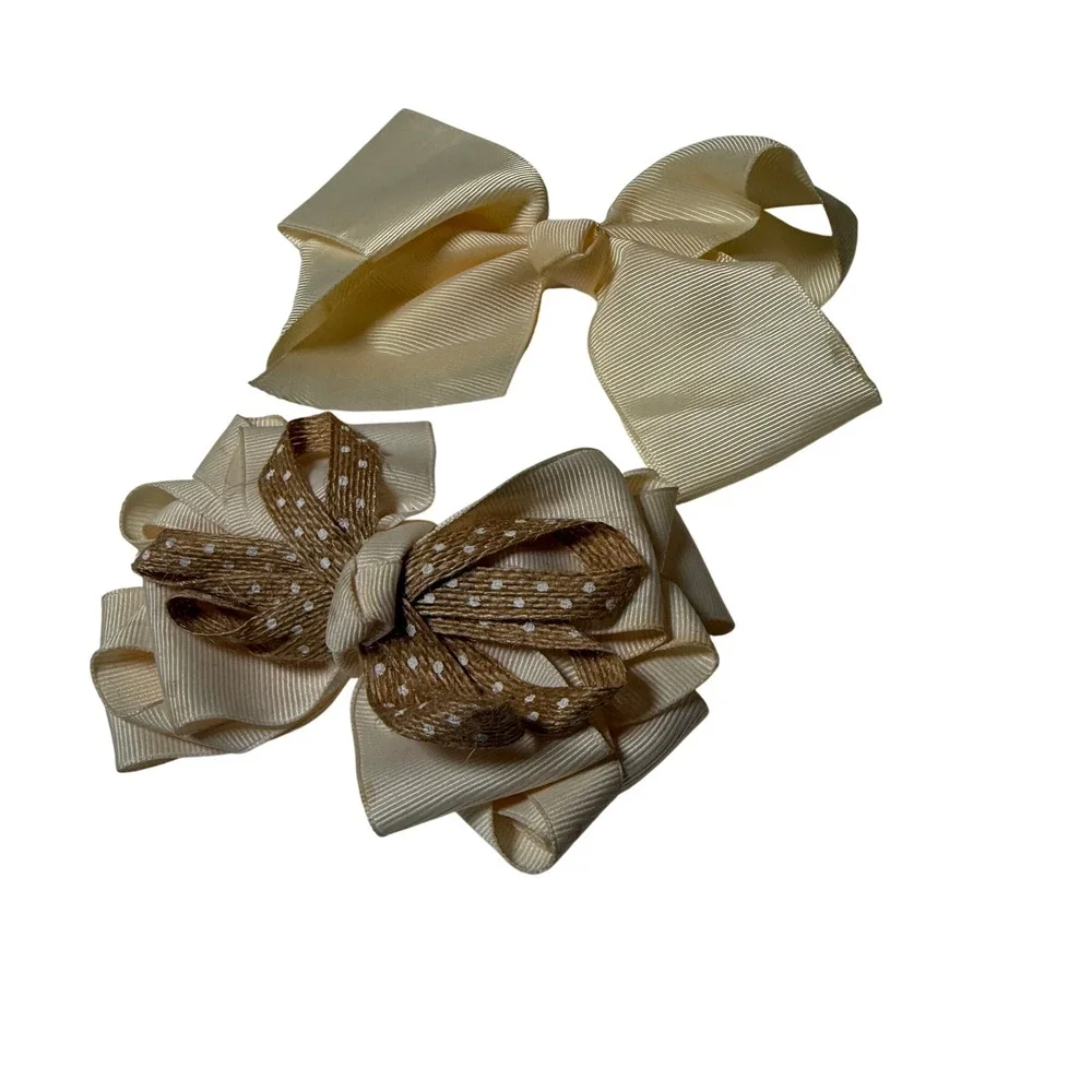 Set of‎ 2 Girls Hair Bows Cream Grosgrain Burlap Polka Dot Clip
