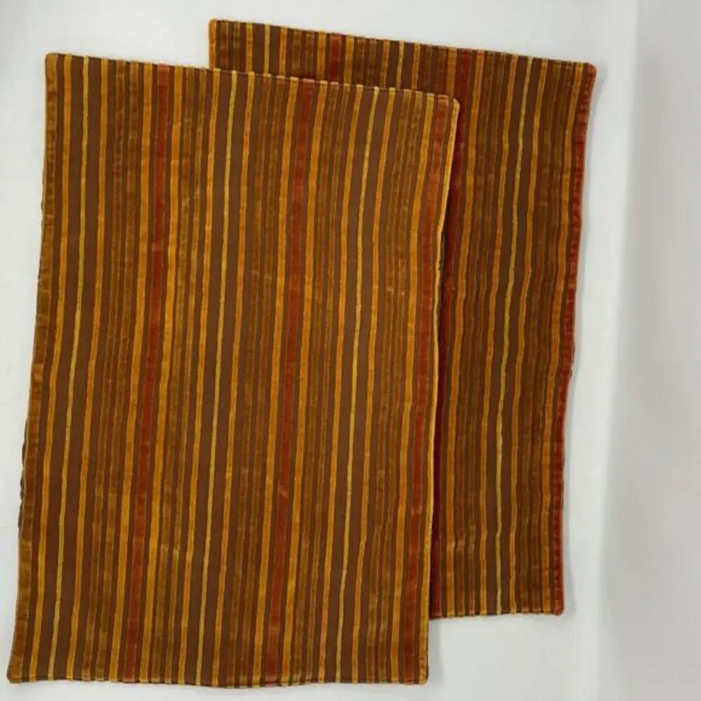 Pier One Velveteen Place Mats SET of 2 Rust Brown Striped Textured 19 x 13