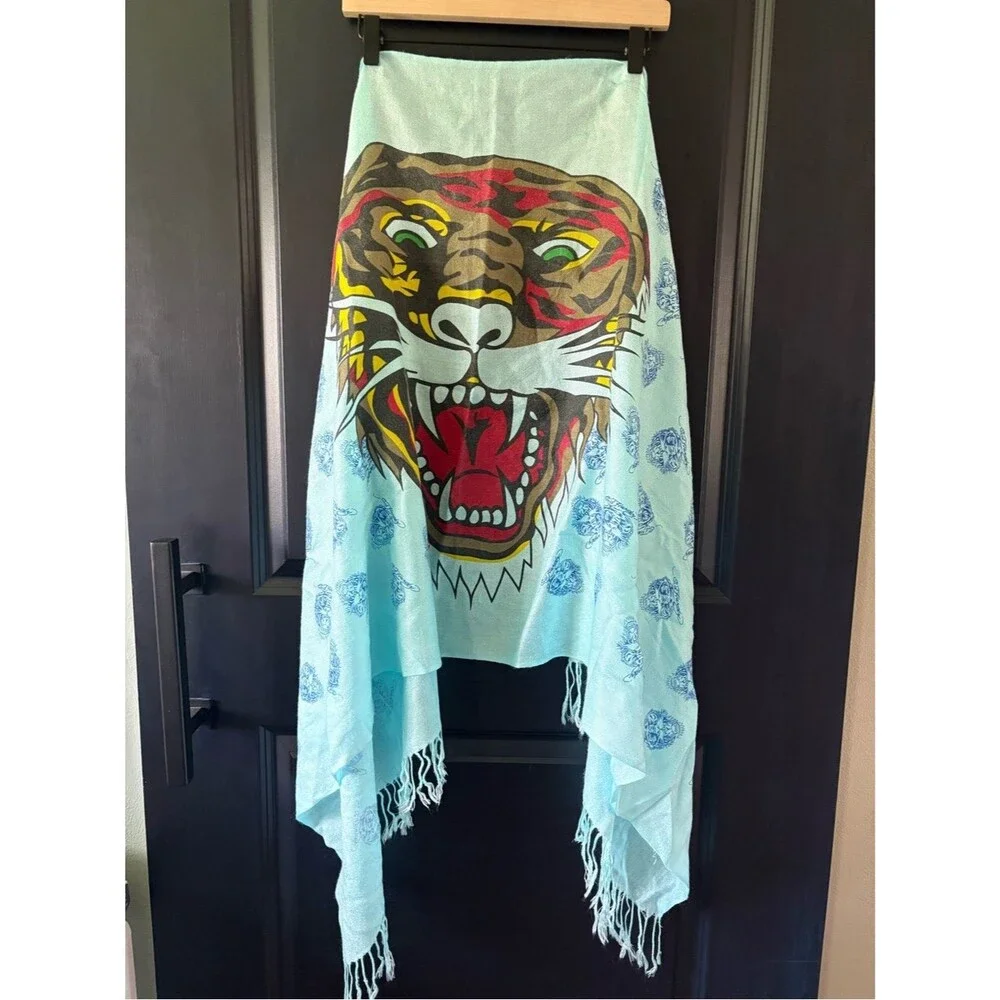 *Rare Ed Hardy Scarf Y2K Vintage Lightweight Cotton Teal Tiger Long 28” x 72”