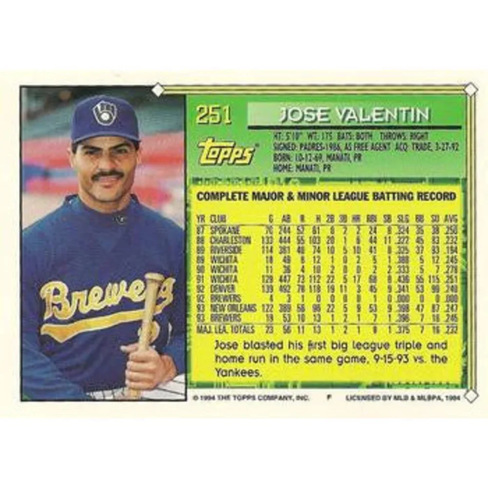 1994 Topps Jose Valentin FS # 251 Milwaukee Brewers