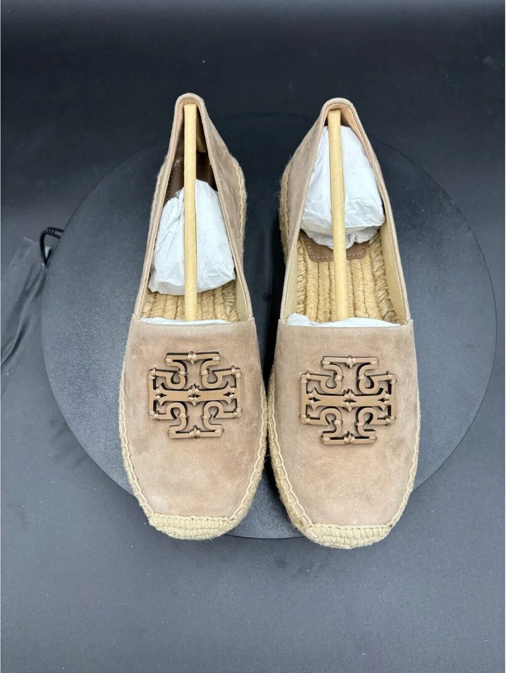 Tory Burch Beige Suede Espadrille Flats with Logo Detail