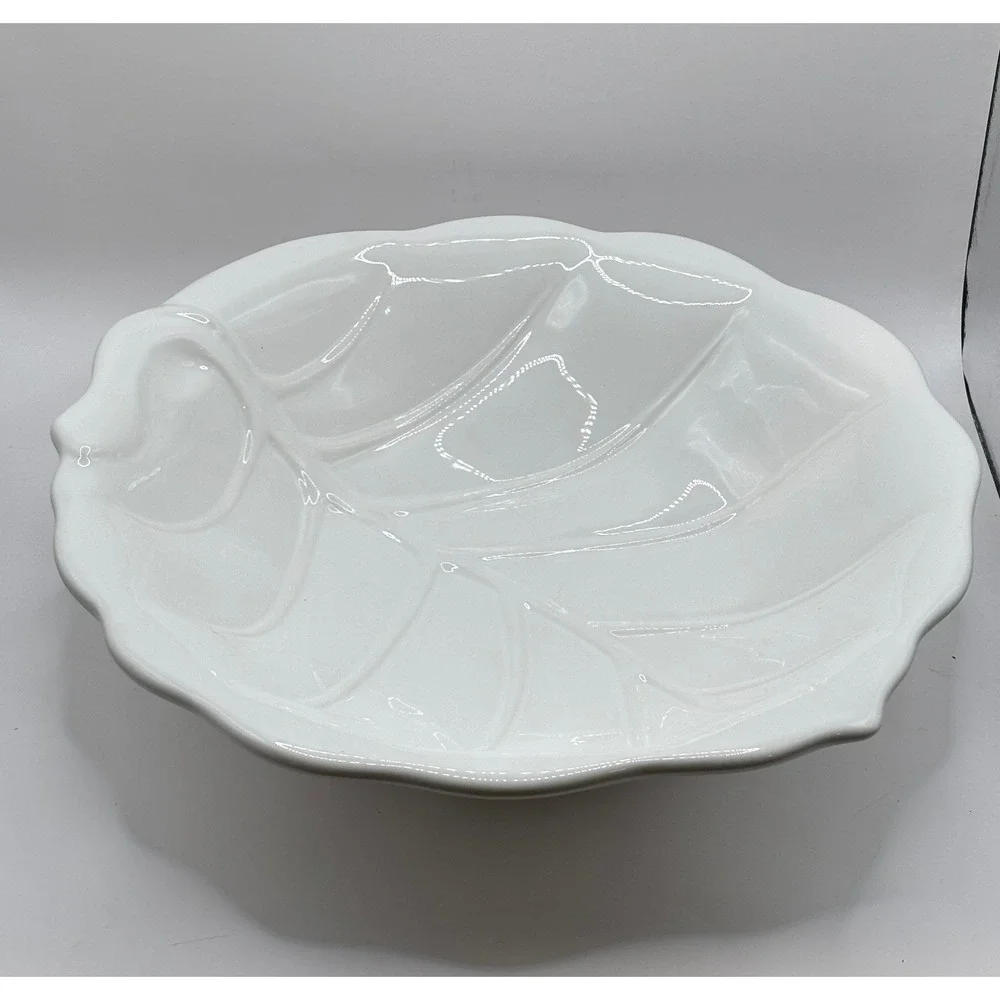 Serving Bowl White Cabbage Leaf Ceramic Grandmillennial Palm Beach Coastal Chic