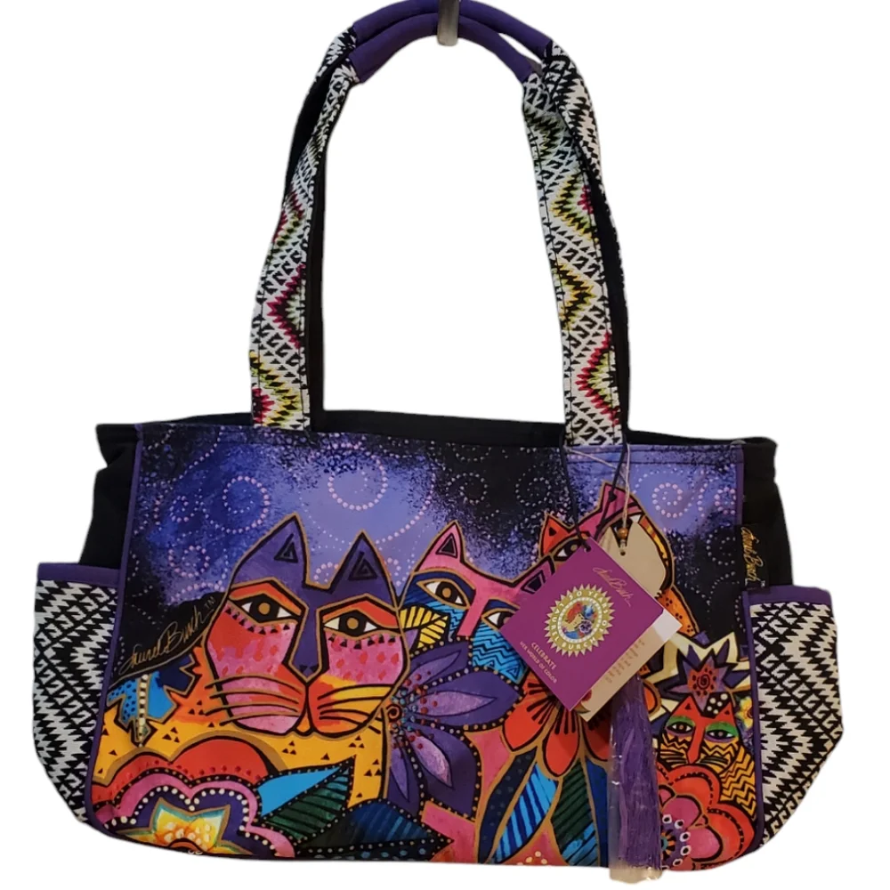 Laurel Burch Laurels Garden Cat Floral Tote Purse New With Side Pockets - LB5842