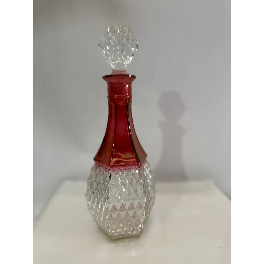 Vintage Kings Crown‎ Ruby Flash Glass Decanter with Stopper 12 Inch Hexagonal