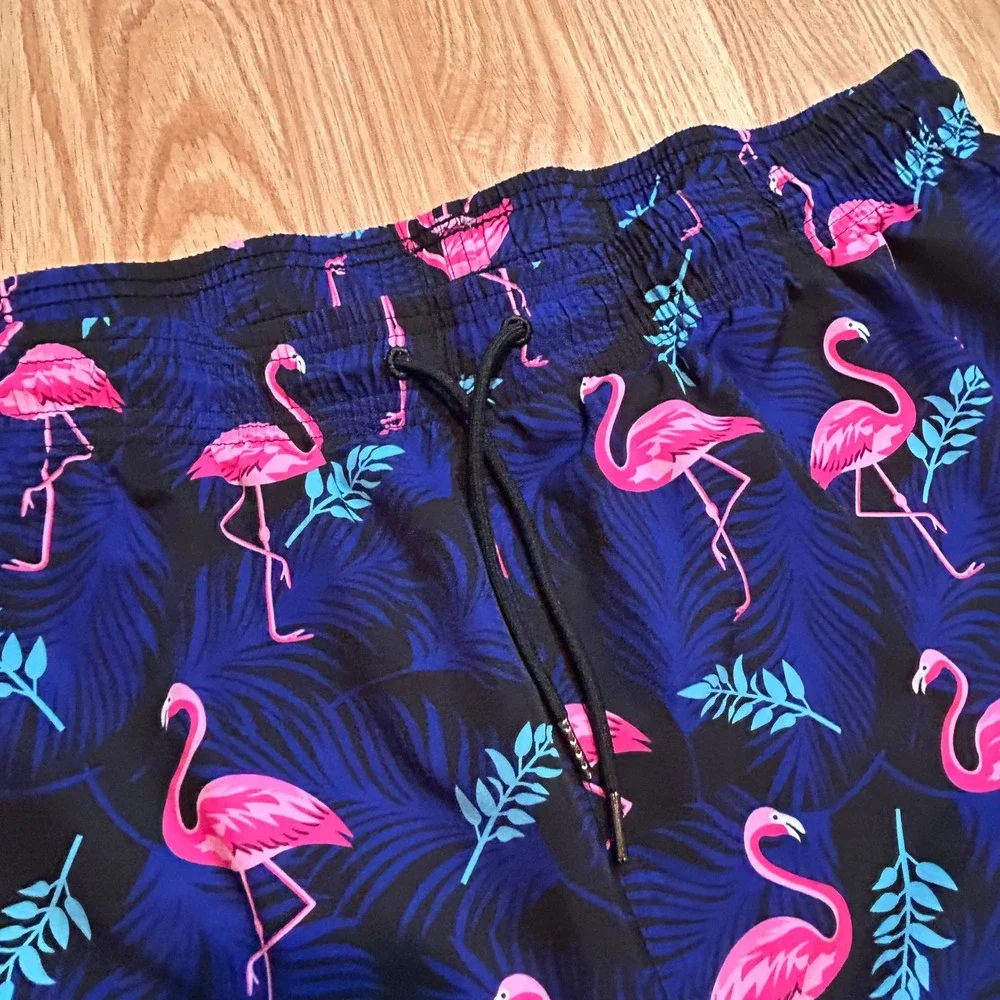 Brisira Mens Flamingo Tropical Print Swim Trunks‎ Navy Pink 44 Board Shorts