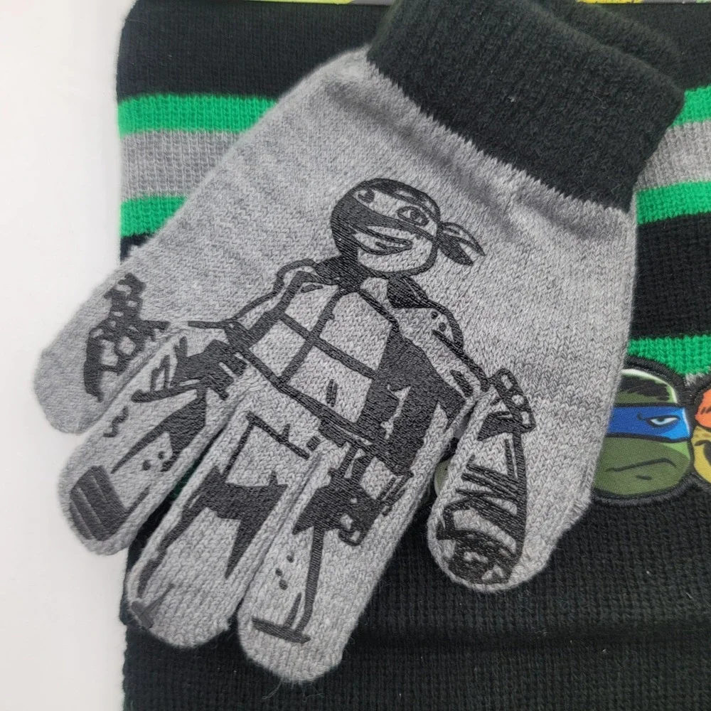 TMNT Boys Hat Glove and Scarf Set Nickelodeon Ninja Turtles Green Black Striped