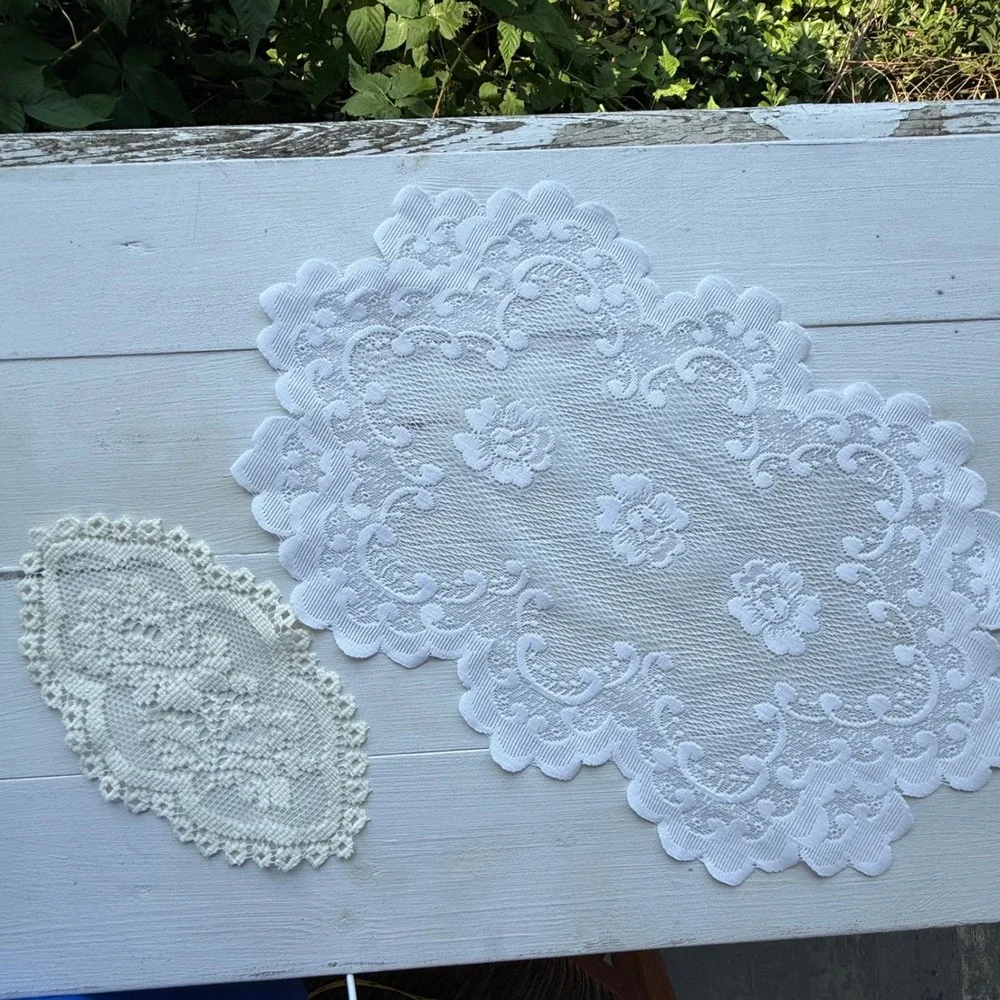 Vintage White and Cream Lace Doily Set Floral Scalloped Table Decor 2 Pieces