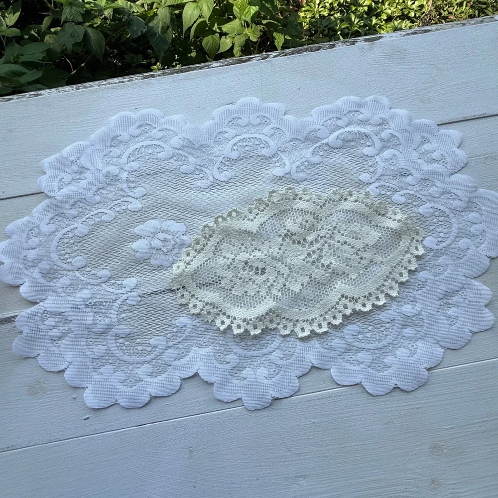 Vintage White and Cream Lace Doily Set Floral Scalloped Table Decor 2 Pieces