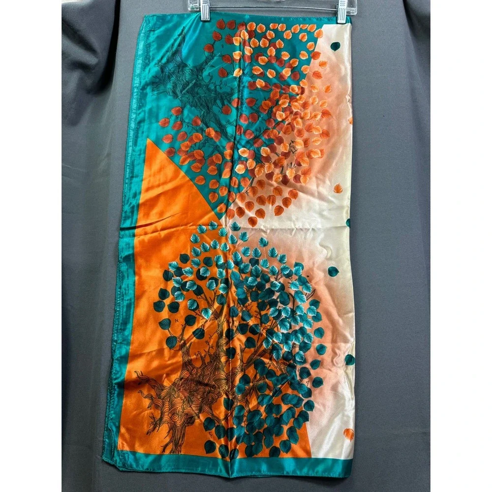 Vintage Tree Leaf Print Square Scarf Teal Orange Cream Botanical Silk Feel 35x34