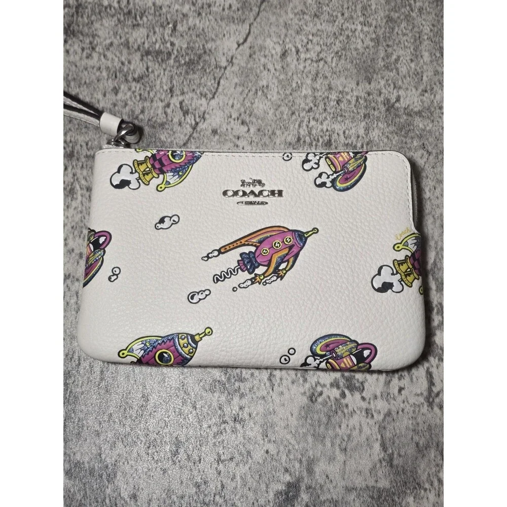 Coach Corner Zip Wristlet in Cosmic Rocket Print Chalk Multi Pebble Leather