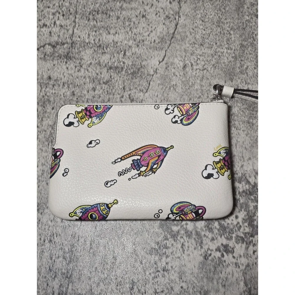 Coach Corner Zip Wristlet in Cosmic Rocket Print Chalk Multi Pebble Leather