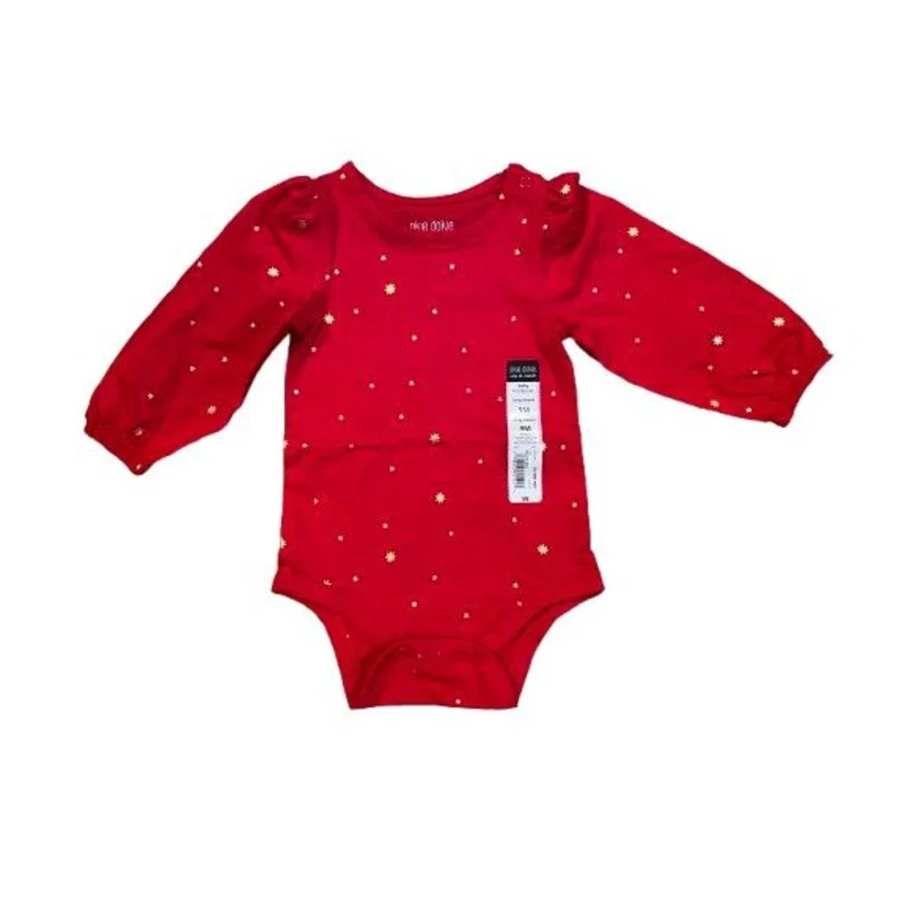 Girl's 9 Month One-piece bodysuit Long Sleeve red w/ gold stars Okie Dokie NWT