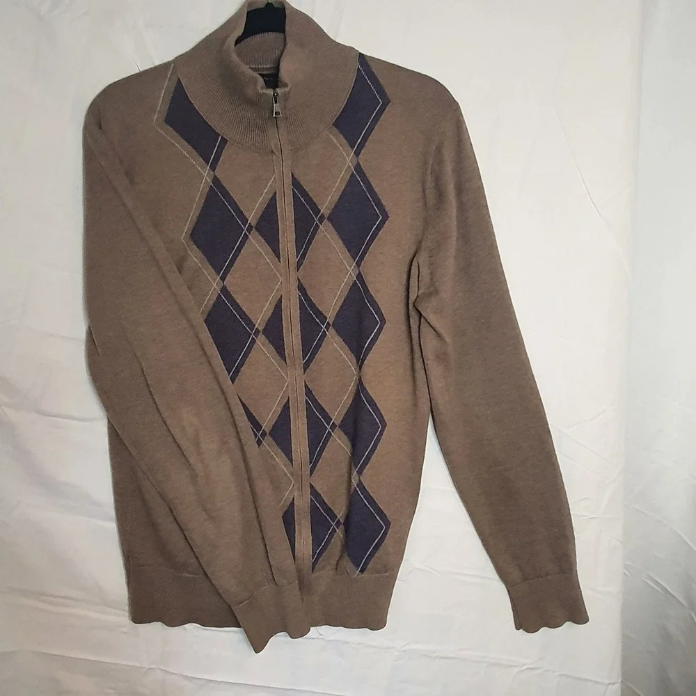 Banana Republic Mens Argyle Full Zip Cardigan Sweater Brown 100% Cotton M 302721