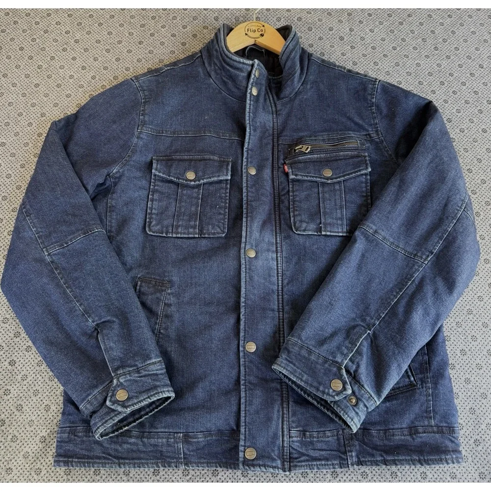 Levi's Jacket Mens Medium Blue Denim Quilted Lined Zip Snap Front Stand Collar