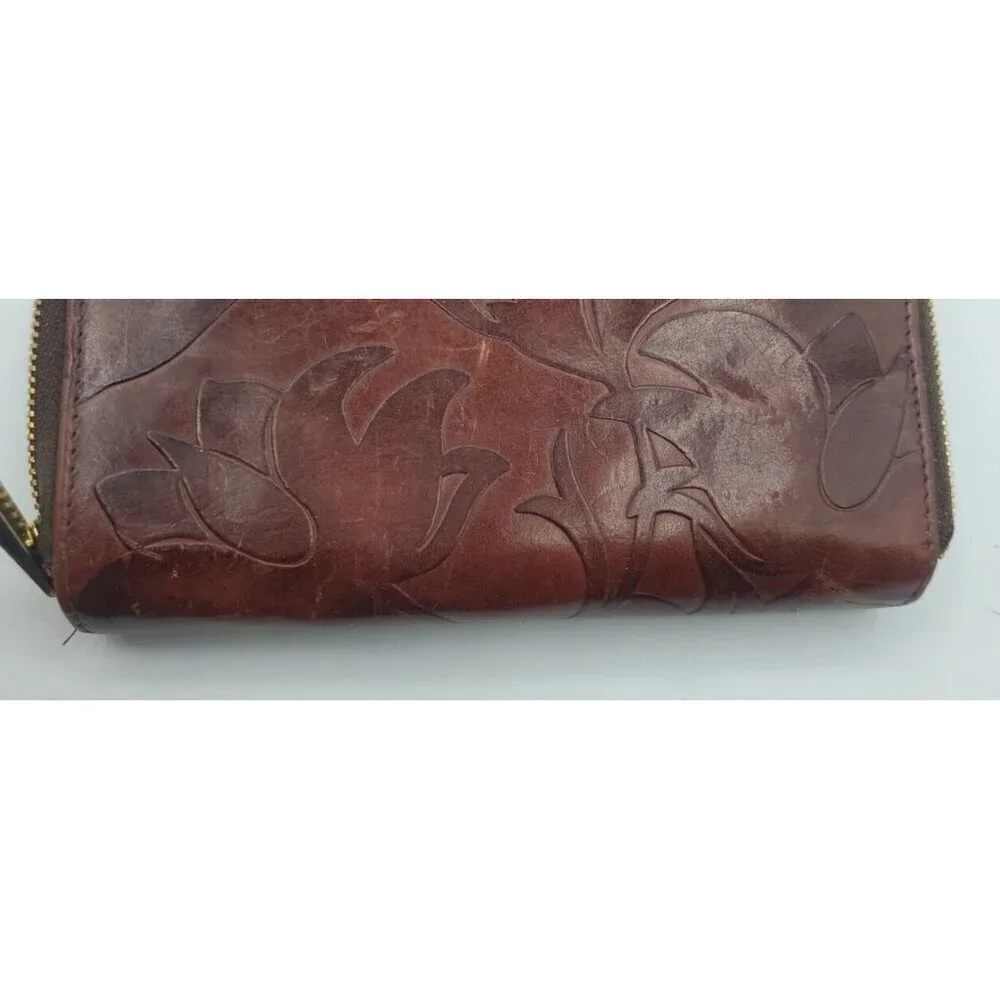Valentina Genuine Embossed Floral Pattern Design Dark Red Leather Wallet Italy