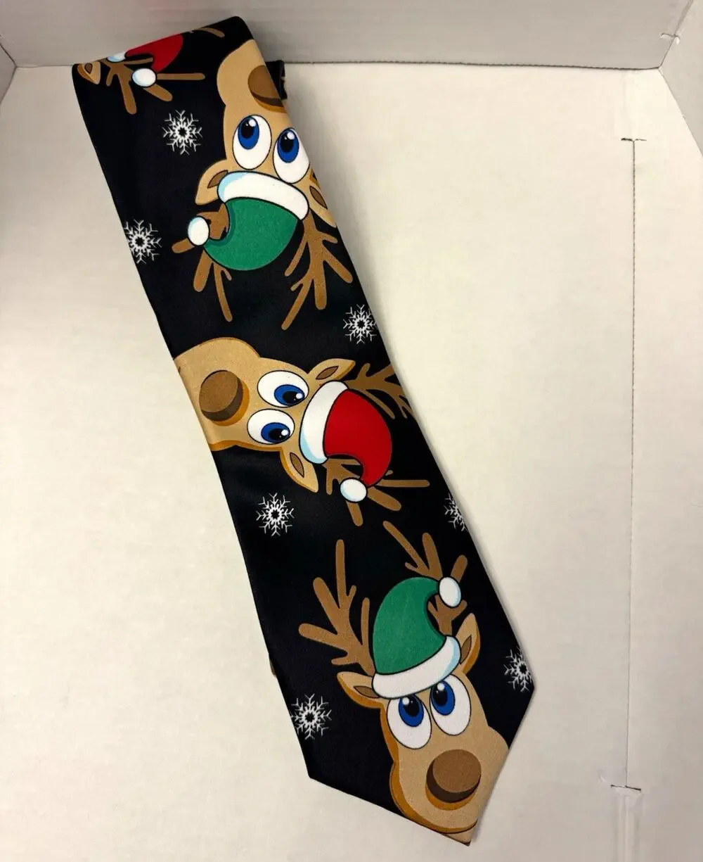 Holiday Traditions MMG Christmas Reindeer Santa Hat Novelty Necktie