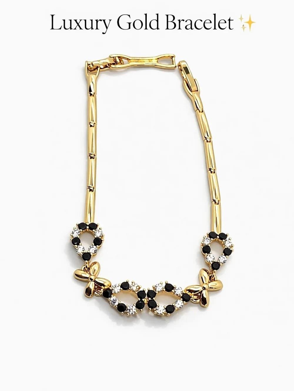 Gold Plated Bracelet Black Crystal Flower Dainty Elegant Jewelry 7